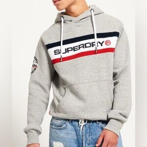 SUPERDRY Hoodie Men L Gray Pullover Logo Spellout Graphic Athletic Streetwear